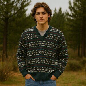 Vintage Mac Roy Wool Sweater Mens Large Scotland Green Grandpa 80s Holiday Ski